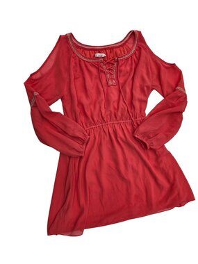 Entro Womens Cold Shoulder Coral Long Sleeve Dress Size L Chiffon Lace-Up Casual